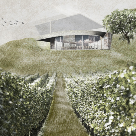 Red Metal Accents and Stone Walls Enhancing Wine Tasting Experience