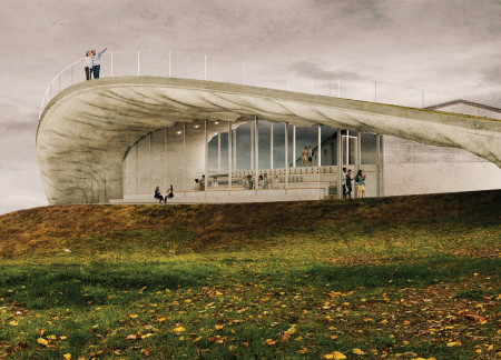 Earth-Sculpted Cave with Concrete Arch Engaging Visitors in a Vineyard Landscape