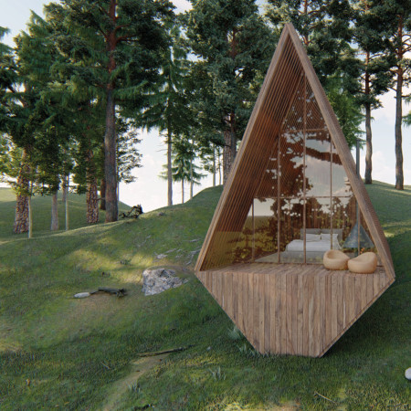 Plexiglass Facades and Sloping Walls in a Sustainable Nature Retreat