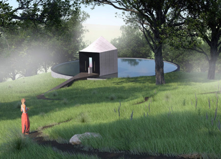 Mirrored Entry and Frosted Glass Create Harmony Above the Pond