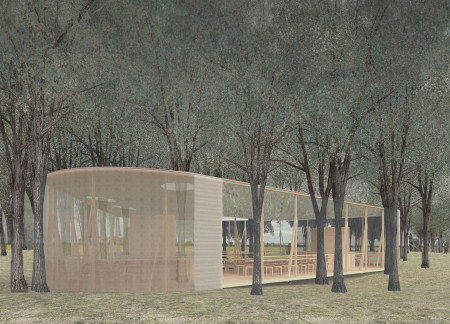 Curtain-Enhanced Dining Space with Plywood and Natural Surroundings