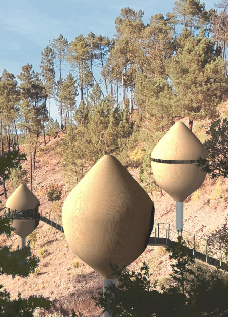 Round Pods with Polywood Panels Offering Panoramic Views in Nature