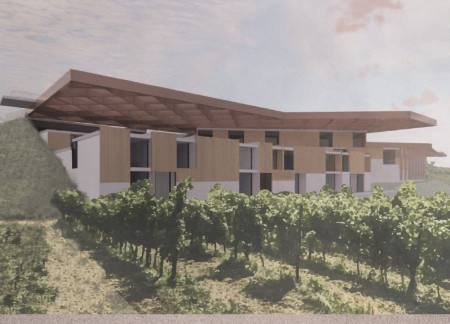 Trellis-Structured Hotel with Wood and White Walls Embracing Vineyard Views