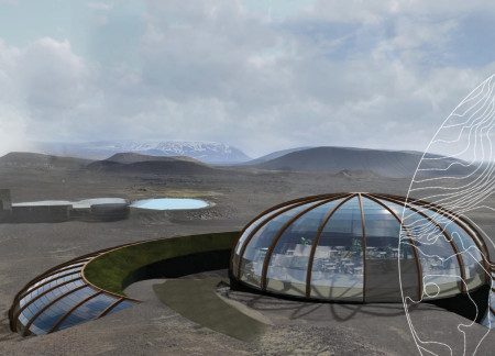 Volcanic Stone and Green Roof Blend in a Serpentine Hydroponic Oasis