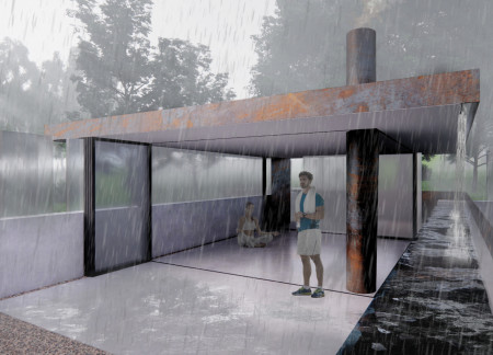 Rusting Steel and Channel Glass Framing Tranquility in a Nature Retreat