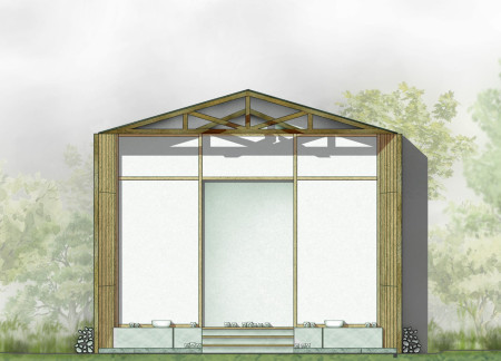 Rainwater Integration and Timber Structure in a Tranquil Meditation Environment