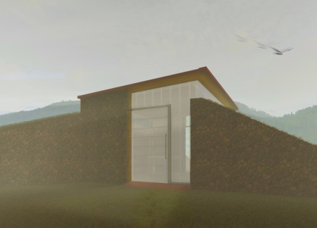 Natural Light-Infused Cabin Featuring Clay Panels and a Stone Wall for Wellness Retreat