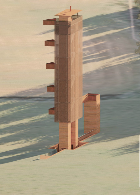 Reflective Water Pool Under Copper Panel Canopy in Natural Biosphere Reserve