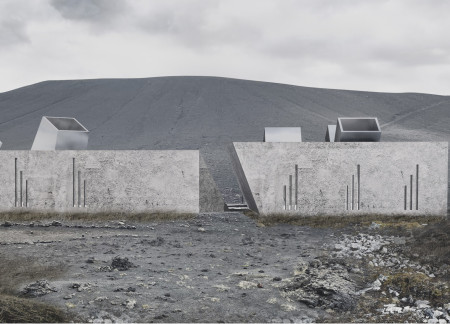 Volcanic Ash Structure with Organic Forms and Green Ramps