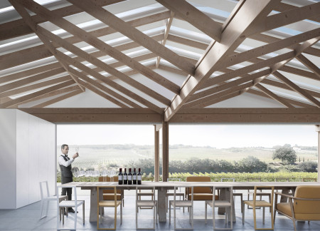 Charred Wooden Shingles and Insulated Glass Create a Harmonious Wine Tasting Space