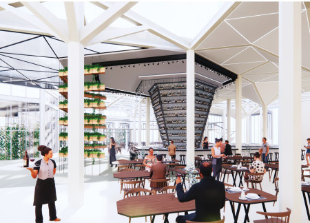 Suspended Plant Shelves Integrate Natural Light in a Multi-Functional Coastal Restaurant