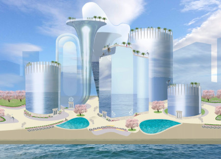 Glass Facades and Cherry Blossoms in Waterfront Community Spaces