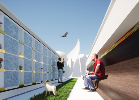 Cypress-Focused Rest Area with Reflective Water Mirror and Personal Niches