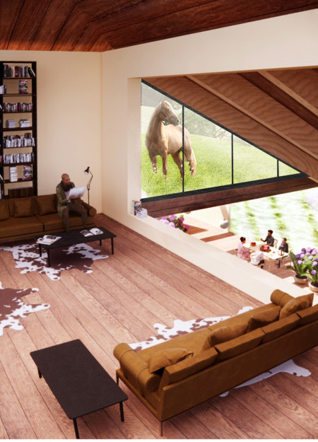 Forest Entrance Framed by Glass Facades in a Community Center for Horses