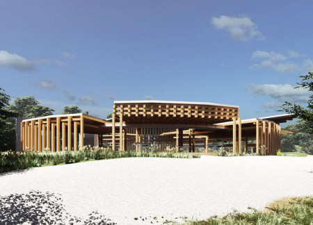 Circular Hub Crafted with Chestnut and Granite Emphasizing Community Engagement