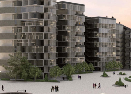 Curvilinear Community Housing Crafted from Sustainable Concrete and Glass