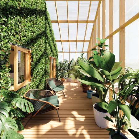 Indoor Garden Space Created with Recycled Materials and Concrete Construction