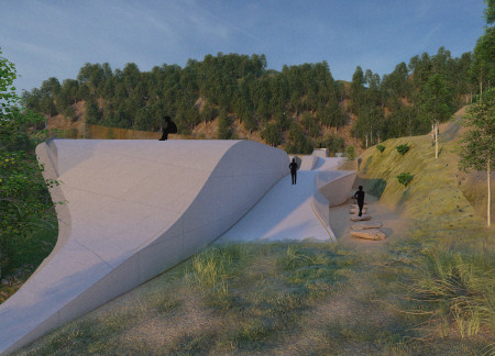 Curved Concrete Retreat with Aerial Practice Space Overlooking Nature