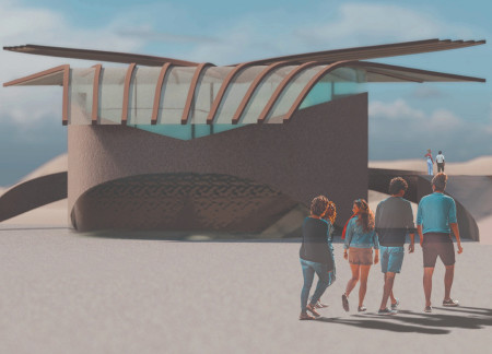 Rammed Earth Walls and Tensile Fabric Roof Integrate with Wetland Landscape