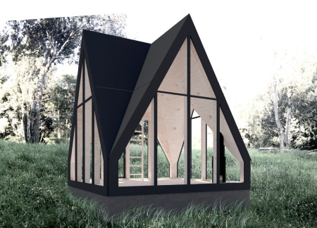 Symmetrical Wood Cabin with HPL Panel Roof and Meditative Altar