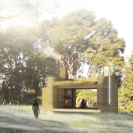 Elevated Meditation Hall with Grass Roof and Local Stone Walls