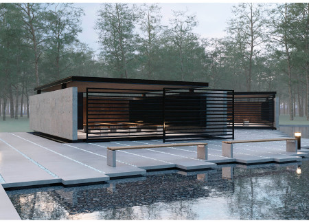 Corten Steel Structures Harmonizing with Reflective Water Features in a Contemplative Cemetery Design