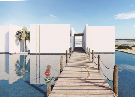 Reflective Water and Bamboo Panels in a Sustainable Visitor Centre