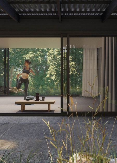 Charred Wooden Shingles and Natural Light Create a Serene Meditation Space