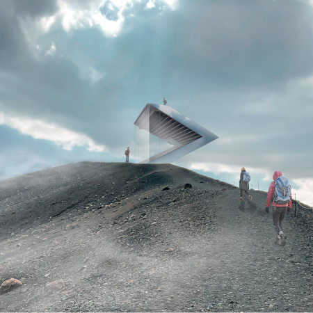 Triangular Viewing Platform with Mirror Metal and Natural Wood Elements