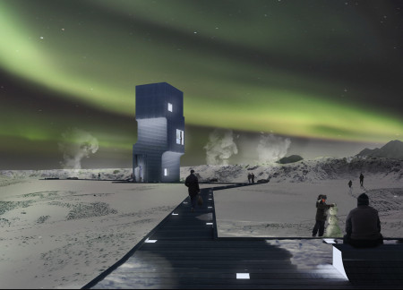 Geothermal Tower with Charred Wood and Basalt Inspired Form