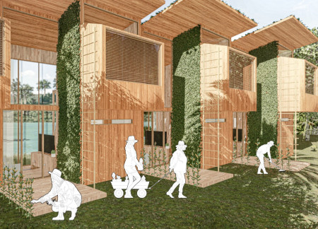 Vertical Garden Cabin Utilizing Timber and Solar Energy in the Rainforest