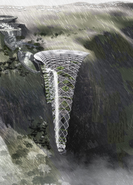 Harnessing Rainwater with Waterfalls in a High-Rise Community