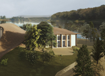 Timber Gridshell Roof Supporting Bat Habitat and Lakeside Living