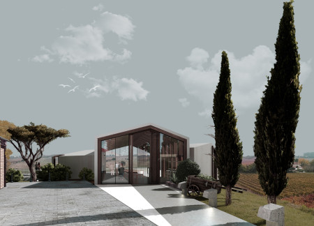 Cork Seating and Timber Volumes Overlooking Vineyard Views