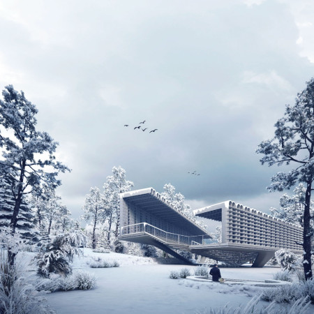 Elevated Reflection with Copper Vases and Concrete Formations