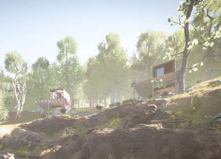 Elevated Wooden Cabins Surrounded by Climbing Ivy for Tranquil Retreat