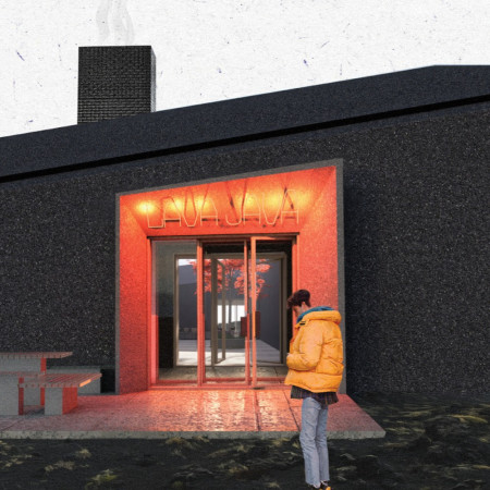 Aggregated Concrete Structure with Panoramic Glazing and Natural Wood Accents as a Visitor Center at Hverfjall