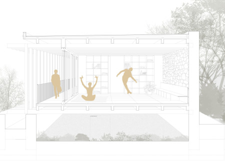 Curved Stone Wall and Wood Volume Emphasizing Connection to Nature