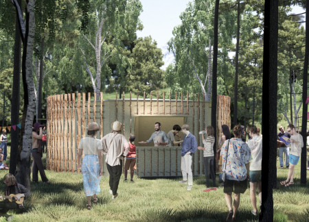 Live-Edge Slats Forming Community Spaces in a Sustainable Food Court