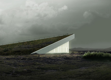 Green Roof Pavilion with Concrete Benches Embracing Icelandic Caves