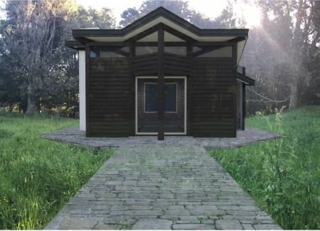 Rainwater Collector Cabin with Glass Panels and Flower Altar