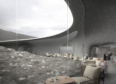 Volcanic Rock Interior Within Earth-Sheltered Structure for Visitor Experience