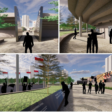 Podium-Centered Memorial with Interactive Touchscreen and Engaging Public Spaces