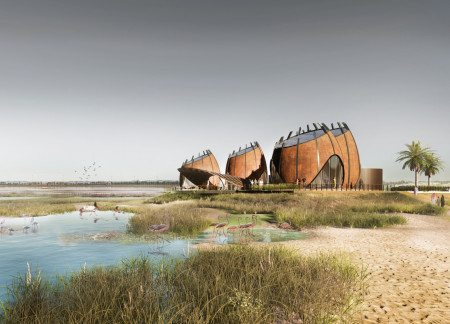 Egg-Shaped Pavilions with Steel Framework Overlooking Wetlands