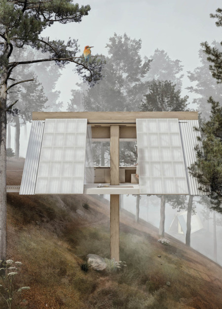 Cliff-Supported Structure with Wooden Waffle and Polycarbonate Panels