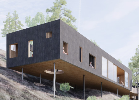 Meditation Space Surrounded by Charred Wood and Oiled Pine