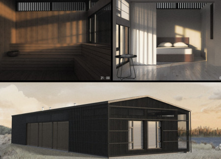 Light-Diffusing Cabin with Clay Courtyard on Lakeshore