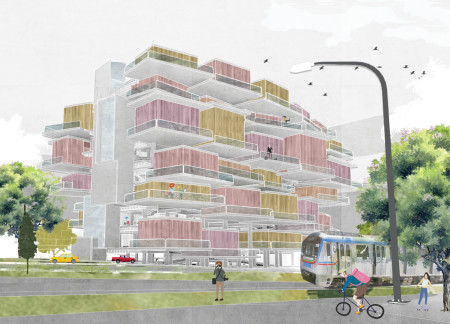 Repurposed Concrete Structures with Colorful Wood Cladding for Sustainable Urban Living