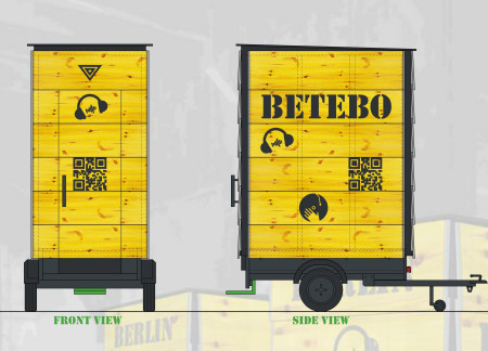 Yellow Formwork Panels and Green Rubber Flooring in a Mobile Techno Booth