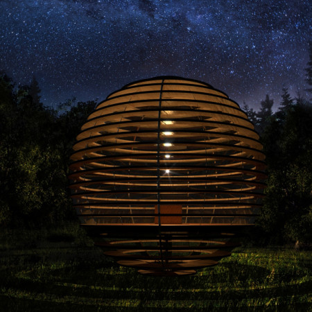 Wooden Sphere Retreat Enhanced by Solar Panels and Natural Views